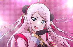 Rule 34 | 1girl, absurdres, ahoge, black gloves, blue eyes, breasts, bun cover, character name, cleavage, cleavage cutout, clothing cutout, commentary, commentary request, dated, double bun, eutopia (love live!), gloves, hair bun, happy birthday, highres, jacket, kujo awenn, long hair, long sleeves, looking at viewer, love live!, love live! nijigasaki high school idol club, mole, mole under eye, ojou-sama pose, open mouth, pink hair, pink jacket, sidelocks, solo, upper body, v-shaped eyebrows, zhong lanzhu