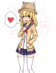 Rule 34 | 1girl, :d, alternate costume, amagi (amagi626), blonde hair, blue skirt, blush, brown eyes, brown hat, commentary request, contemporary, feet out of frame, hair between eyes, hair ribbon, hand up, hat, heart, jacket, lens flare, long hair, long sleeves, looking at viewer, miniskirt, moriya suwako, one-hour drawing challenge, open clothes, open jacket, open mouth, pleated skirt, red neckwear, red ribbon, ribbon, sailor collar, school uniform, serafuku, sidelocks, simple background, skirt, smile, solo, sparkle, spoken heart, standing, thighhighs, thighs, touhou, white background, white thighhighs, yellow jacket, zettai ryouiki