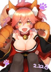 Rule 34 | 1girl, :d, animal ears, animal hands, bare shoulders, bell, black pantyhose, blush, bow, breasts, cleavage, collar, dated, fangs, fate/grand order, fate (series), fox ears, hair between eyes, hair bow, hands up, japanese clothes, jingle bell, kimono, knees up, large breasts, long hair, looking at viewer, neck bell, obi, open mouth, pantyhose, paw pose, pink hair, ponytail, red bow, red kimono, sash, smile, solo, tamamo (fate), tamamo cat (fate), tamamo cat (first ascension) (fate), tamamo no mae (fate/extra), yakibird, yellow eyes