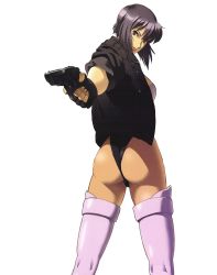 Rule 34 | 00s, 1girl, absurdres, ass, back, boots, from behind, ghost in the shell, ghost in the shell stand alone complex, grey hair, gun, handgun, highres, kusanagi motoko, leotard, looking back, panties, pistol, purple thighhighs, red eyes, short hair, solo, thigh boots, thighhighs, thong, thong leotard, underwear, weapon