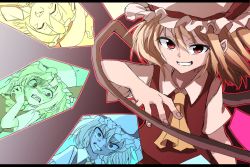 Rule 34 | 1girl, ascot, brown background, collarbone, collared shirt, crystal, different reflection, flandre scarlet, gradient background, grin, hat, hat ribbon, highres, letterboxed, looking at viewer, mob cap, red eyes, red ribbon, reflection, ribbon, shinmon akika, shirt, short sleeves, smile, solo, touhou, upper body, white hat, wings, yellow ascot