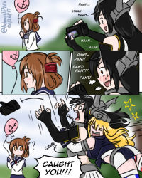 Rule 34 | 10s, 3girls, admiral paru, ahoge, balloon, black hair, blonde hair, brown hair, camcorder, comic, english text, folded ponytail, glomp, grabbing, grabbing another&#039;s breast, headgear, heavy breathing, hug, inazuma (kancolle), iowa (kancolle), kantai collection, long hair, multiple girls, nagato (kancolle), open mouth, translation request, video camera