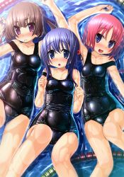 Rule 34 | 3girls, blue eyes, blue hair, blush, breasts, brown hair, character request, fang, from above, hair bobbles, hair ornament, highres, multiple girls, one-piece swimsuit, open mouth, pink hair, purple eyes, sakuya tsuitachi, school swimsuit, shiny clothes, short hair, sidelocks, skindentation, strap slip, sukumizu tabehoudai, swimsuit, water, wet, wet clothes