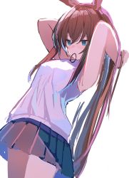 Rule 34 | 1girl, amiya (arknights), animal ears, arknights, armpits, arms up, bare arms, bare shoulders, black skirt, blue eyes, breasts, brown hair, closed mouth, commentary request, hair tie, hair tie in mouth, hands in hair, highres, long hair, looking away, looking down, mouth hold, pleated skirt, rabbit ears, shirt, simple background, skirt, sleeveless, sleeveless shirt, small breasts, solo, standing, takashima shoa, very long hair, white background, white shirt