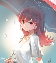 Rule 34 | 1girl, bad id, bad twitter id, brown hair, casual, from side, highres, holding, holding umbrella, kantai collection, long hair, looking at viewer, ooi (kancolle), red eyes, shirt, smile, solo, sunday aki, t-shirt, umbrella, upper body, white shirt