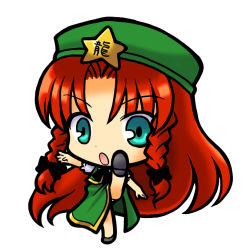 Rule 34 | 1girl, aqua eyes, braid, chibi, china dress, chinese clothes, dress, female focus, full body, hat, high kick, hong meiling, immaterial and missing power, kicking, long hair, open mouth, red hair, simple background, socha, solo, touhou, twin braids, white background