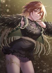 Rule 34 | 1girl, aketa mikoto, anoa, black dress, breasts, brown eyes, brown hair, commentary request, cropped jacket, dress, frilled dress, frills, fur, glint, green jacket, green nails, hair between eyes, highres, idolmaster, idolmaster shiny colors, jacket, jewelry, long hair, long sleeves, looking at viewer, medium breasts, nail polish, necklace, open clothes, open jacket, parted lips, pendant, sleeveless, sleeveless dress, sleeves past wrists, smile, solo, thighlet, very long hair
