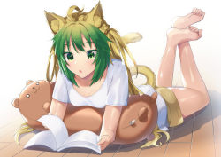 Rule 34 | 1girl, animal ears, atalanta (fate), barefoot, blonde hair, book, breasts, brown shorts, cat ears, cat tail, cleavage, collarbone, fate/apocrypha, fate (series), green eyes, green hair, highres, long hair, lying, multicolored hair, on stomach, open book, open mouth, reading, shiny skin, shirt, short shorts, short sleeves, shorts, small breasts, solo, tail, tanaka arumi, two-tone hair, white background, white shirt, wooden floor
