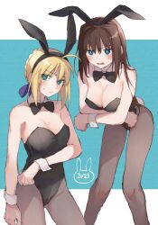 Rule 34 | 2023, 2girls, animal ears, aozaki aoko, artoria pendragon (all), artoria pendragon (fate), bent over, black bow, black bowtie, black leotard, blonde hair, blue eyes, blue ribbon, bow, bowtie, breasts, brown hair, cleavage, commentary request, detached collar, fake animal ears, fate/stay night, fate (series), green eyes, hair bun, hair intakes, hair ribbon, highres, large breasts, leotard, long hair, mahou tsukai no yoru, multiple girls, open mouth, ostryus, playboy bunny, rabbit ears, rabbit tail, ribbon, saber (fate), sidelocks, strapless, strapless leotard, tail, wavy mouth, wrist cuffs