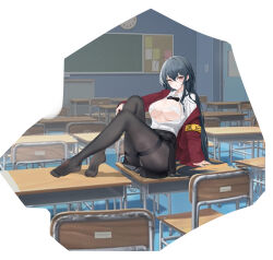 Rule 34 | 1girl, absurdres, armband, azur lane, black bow, black bowtie, black hair, black pantyhose, black skirt, bow, bowtie, bra, breasts, breasts out, commentary request, desk, feet, full body, highres, jacket, jpeg artifacts, large breasts, long hair, looking at viewer, miniskirt, official alternate costume, on desk, panties, panties under pantyhose, pantyhose, partially unbuttoned, pleated skirt, red eyes, red jacket, round eyewear, school uniform, shirt, shirt tucked in, skirt, solo, suo bu ye feng, taihou (azur lane), taihou (sweet time after school) (azur lane), thighband pantyhose, toes, underwear, very long hair, white bra, white shirt, yellow armband