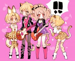 Rule 34 | !, !!, 10s, 4girls, :d, animal ears, bad id, bad pixiv id, big hair, black choker, black footwear, black jacket, blonde hair, boots, bow, bowtie, choker, citti (show by rock!!), crossover, elbow gloves, gloves, guitar, heart, high-waist skirt, holding, holding instrument, instrument, jacket, jaguar (kemono friends), kemono friends, laina (show by rock!!), long sleeves, mamaloni, multiple girls, musical note, open mouth, orange skirt, pantyhose, paw pose, pink background, pink footwear, pink shirt, serval (kemono friends), serval print, serval tail, shirt, shoes, short hair, short sleeves, show by rock!!, skirt, smile, sparkle, standing, striped clothes, striped legwear, striped pantyhose, tail, thighhighs, vertical-striped clothes, vertical-striped pantyhose, white footwear, zettai ryouiki