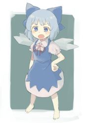 Rule 34 | 1girl, bad id, bad twitter id, bare shoulders, blue background, blue bow, blue dress, blue eyes, blue hair, blush, bow, cirno, collared shirt, commentary, dress, full body, hair bow, hand on own hip, highres, ice, neck ribbon, open mouth, puffy short sleeves, puffy sleeves, red ribbon, ribbon, sasa kichi, shirt, short sleeves, simple background, solo, touhou, white shirt, wing collar, wings