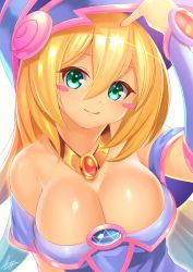 Rule 34 | 1girl, absurdres, adjusting clothes, adjusting headwear, bare shoulders, blonde hair, blush stickers, bracer, breasts, cleavage, closed mouth, collar, dark magician girl, green eyes, hair between eyes, hat, highres, kyu (wein-seria), large breasts, long hair, looking at viewer, shiny skin, simple background, smile, solo, upper body, white background, wizard hat, yu-gi-oh!