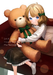 Rule 34 | 1girl, ahoge, animal, beige sweater, blue eyes, blush, bow, bowtie, brown dress, chaise longue, commentary, couch, cushion, dated, dress, english text, eyelashes, frilled dress, frills, green bow, green bowtie, grin, hair bow, happy birthday, highres, holding, holding stuffed toy, hugging doll, hugging object, idolmaster, idolmaster million live!, light brown hair, light particles, long sleeves, looking at viewer, mimizubare, parted bangs, parted lips, pinafore dress, plaid, plaid dress, short hair, simple background, sitting, sleeveless, sleeveless dress, smile, socks, solo, star (symbol), star print, stuffed animal, stuffed toy, suou momoko, sweater, teddy bear, turtleneck, turtleneck sweater, white background, white socks
