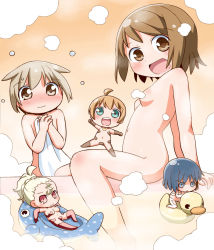 Rule 34 | 2boys, 3girls, :d, ahoge, aqua eyes, arm support, arms behind back, bath, bathing, blue eyes, blue hair, blush, breasts, brown eyes, brown hair, censored, censored nipples, closed mouth, commentary request, convenient censoring, covering privates, gerotan, groin, hair flaps, hair pulled back, holding, holding towel, indoors, jumping, knee up, looking at viewer, mabuchi nobuko, mabuchi sakino, maebari, medium breasts, midair, multiple boys, multiple girls, navel, nose blush, nude, official art, ofuro no tomodachi furo buddy, open mouth, orange theme, original, platinum blonde hair, ponytail, reclining, red eyes, roze (ofuro no tomodachi furo buddy), rubber duck, sakura (ofuro no tomodachi furo buddy), simple background, sitting, small breasts, smile, soap, soap bubbles, soap censor, split mouth, stomach, straddling, teeth, thighs, towel, toy, upper teeth only, water drop, wavy mouth, white towel, yuzu (ofuro no tomodachi furo buddy)