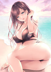 Rule 34 | 1girl, :d, aqua eyes, ass, ayase hazuki, bare arms, bare legs, bare shoulders, beach, bikini, black bikini, black hair, blue sky, blush, breasts, cleavage, cloud, collarbone, commentary request, day, eyelashes, fingernails, halterneck, hand to head, highres, horizon, large breasts, long fingernails, long hair, looking at viewer, lying, multi-strapped bikini, ocean, on side, open mouth, original, outdoors, ruffling hair, sand, sidelocks, sky, smile, solo, string bikini, swept bangs, swimsuit, thighs, thong, water