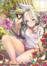 Rule 34 | 1girl, aqua eyes, arm support, arm up, bad id, bad pixiv id, bare legs, barefoot, blonde hair, blue eyes, bra, bug, butterfly, chair, company name, copyright name, crossed legs, cushion, daisy, flower, flower pot, front-tie top, glint, hydrangea, indoors, insect, lips, long hair, on floor, panties, parted bangs, plant, potted plant, pursed lips, qurare magic library, red bra, red flower, red panties, red rose, rocking chair, rose, see-through, shirt, sitting, solo, sunlight, t-shirt, underwear, watering can, watermark, white shirt, window, xxinainaxx