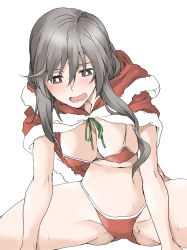 Rule 34 | 1girl, bikini, blush, breasts, christmas, cleavage, covered erect nipples, elf (stroll in the woods), frown, girls und panzer, grey eyes, grey hair, groin, half-closed eyes, highres, large breasts, mature female, official alternate costume, open mouth, red bikini, shimada chiyo, simple background, skindentation, solo, spread legs, string bikini, swimsuit, textless version, white background