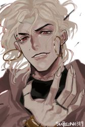 Rule 34 | 1boy, blonde hair, bracelet, claws, dio brando, earrings, fingernails, highres, hoop earrings, jewelry, jojo no kimyou na bouken, long fingernails, male focus, muted color, red eyes, scar, scar on neck, solo, stardust crusaders, stitches, supocon
