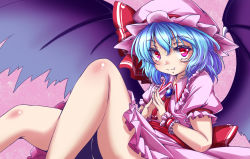 Rule 34 | 1girl, ascot, aya-on (miria00), bat wings, blue hair, brooch, eyelashes, fang, fang out, hat, hat ribbon, jewelry, knee up, looking at viewer, mob cap, pink background, puffy short sleeves, puffy sleeves, reclining, red eyes, remilia scarlet, ribbon, sash, short hair, short sleeves, skirt, skirt set, smile, solo, steepled fingers, touhou, wings, wrist cuffs
