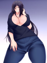 Rule 34 | 10s, 1girl, bad id, bad pixiv id, black hair, blue background, blue eyes, breasts, denim, gradient background, huge breasts, jeans, jewelry, long hair, looking at viewer, mahou sensou, mature female, nanase youko, necklace, original, pants, saogokushi, solo, white background