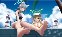 Rule 34 | 5girls, absurdres, ahoge, animal ear fluff, animal ears, ayane (blue archive), ayane (swimsuit) (blue archive), barefoot, bikini, blue archive, blue bikini, blue eyes, blue hair, blue halo, blue one-piece swimsuit, blue sky, breasts, brown hair, cloud, cloudy sky, collarbone, commentary request, day, feet, foot focus, foreshortening, glasses, gradient hair, green eyes, green hair, grey hair, hair between eyes, halo, hat, highres, hoshino (blue archive), huge breasts, j.c.14, knees together feet apart, large breasts, legs, long hair, looking at viewer, medium breasts, medium hair, multicolored hair, multiple girls, navel, nonomi (blue archive), nonomi (swimsuit) (blue archive), one-piece swimsuit, open clothes, open mouth, open shirt, orange bikini, out of frame, outdoors, paid reward available, palm tree, pink eyes, pink hair, pink halo, pointy ears, red-framed eyewear, red halo, serika (blue archive), serika (swimsuit) (blue archive), shiroko (blue archive), shirt, signature, sitting, sky, soles, standing, striped bikini, striped clothes, sun hat, swimsuit, toes, tree, twintails, upper body, white shirt