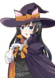 Rule 34 | 1girl, animal ears, artist name, asashio (kancolle), belt, black dress, black hair, blue eyes, buttons, cape, cat ears, commentary request, dated, dress, gloves, halloween, halloween costume, hand on own chest, hat, highres, kantai collection, long hair, long sleeves, looking at viewer, neck ribbon, open mouth, orange ribbon, owa (ishtail), pinafore dress, purple cape, purple hat, ribbon, searchlight, shirt, sleeveless, sleeveless dress, solo, white gloves, white shirt, witch, witch hat