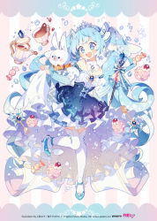 Rule 34 | 1girl, :d, artist name, bare shoulders, beamed eighth notes, blue dress, blue eyes, blue footwear, blush, candy, collar, crown, cup, dated, detached collar, dress, food, fork, full body, hatsune miku, long hair, macaron, musical note, open mouth, rabbit, smile, solo, spoon, standing, standing on one leg, star (symbol), striped, striped background, striped sleeves, tea, teacup, teapot, thighhighs, twintails, uekura eku, vertical stripes, vocaloid, wand, watermark, white collar, white thighhighs, wrapped candy, yuki miku