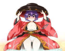 Rule 34 | 1girl, bowl, bowl hat, eyebrows, flat chest, hat, japanese clothes, kimono, long sleeves, multicolored hair, needle, nipples, obi, object on head, open clothes, purple hair, sash, sentarou, short hair, solo, streaked hair, sukuna shinmyoumaru, thick eyebrows, thigh gap, touhou, wide sleeves