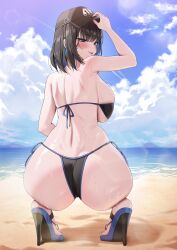 Rule 34 | 1girl, ass, back, bare arms, baseball cap, beach, bikini, black bikini, black footwear, black hair, black hat, blue hair, blue sky, blush, breasts, cloud, colored inner hair, commission, day, from behind, hat, high heels, highres, large breasts, mountainous horizon, multicolored hair, ocean, original, outdoors, short hair, shoulder blades, sideboob, sky, solo, squatting, swimsuit, tongue, tongue out, wet, yampa