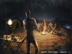 Rule 34 | 4boys, campfire, final fantasy, final fantasy xv, from behind, gladiolus amicitia, happy birthday, ignis scientia, lantern, male focus, multiple boys, noctis lucis caelum, prompto argentum, setsu-st, sky, star (sky), starry sky, table, tent