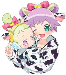 Rule 34 | 2girls, ;d, aged down, animal costume, animal ears, animal print, aqua eyes, baby, blush, bow, carrying, carrying person, colored eyelashes, cow costume, cow ears, cow horns, cow print, cropped torso, double bun, fake animal ears, fake horns, green hair, hair bow, hair bun, hairband, hand on another&#039;s face, headphones, hood, hood down, hooded jacket, horns, jacket, jewlie (pripara), long sleeves, looking at viewer, manaka laala, moudoku (decopon3rd), multiple girls, one eye closed, open mouth, pink bow, pink eyes, ponytail, pretty series, pripara, purple hair, short hair, simple background, smile, sweatdrop, upper body, v, white background