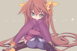 Rule 34 | 10s, 1girl, ass, bad id, bad pixiv id, blade (galaxist), blush, brown hair, green eyes, heart, huang lingyin, hugging own legs, infinite stratos, light smile, long hair, looking at viewer, pantyhose, pantyhose under shorts, purple pantyhose, shoes, shorts, simple background, sitting, sneakers, solo, twintails, very long hair