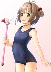 Rule 34 | 1girl, antenna hair, blue one-piece swimsuit, brown hair, cardcaptor sakura, cowboy shot, fuuin no tsue, green eyes, highres, holding, holding wand, kinomoto sakura, looking at viewer, magical girl, old school swimsuit, one-piece swimsuit, open mouth, school swimsuit, shibacha, short hair, solo, standing, swimsuit, two side up, wand