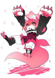 Rule 34 | 1girl, absurdres, animal ears, black collar, black jacket, black shorts, clenched hands, collar, commentary, english commentary, falling, fox ears, fox girl, furry, furry female, highres, jacket, original, purple shirt, shirt, shorts, solo, spiked collar, spikes, tajyador, white background