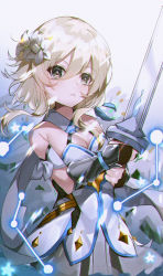 Rule 34 | 1girl, bare shoulders, breasts, brown eyes, brown hair, cleavage, closed mouth, commentary request, dress, flower, genshin impact, grey background, hair between eyes, hair flower, hair ornament, highres, holding, holding sword, holding weapon, long hair, looking at viewer, lumine (genshin impact), lux (dera ix), medium breasts, simple background, solo, sword, two-handed, vambraces, weapon, white dress, white flower
