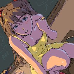 Rule 34 | 1girl, bare legs, bare shoulders, blue eyes, blush, board eraser, breasts, brown hair, chalk, chalkboard, classroom, desk, downblouse, dress, dutch angle, hairpods, indoors, long hair, looking at viewer, lowres, neon genesis evangelion, no bra, non-web source, oekaki, on desk, on one knee, parted lips, red hair, school, self exposure, short dress, skirt, sleeveless, sleeveless dress, small breasts, solo, souryuu asuka langley, strap pull, strap slip, yellow dress