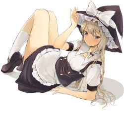 Rule 34 | 1girl, alternate eye color, apron, black bow, black dress, black footwear, black hat, blonde hair, blue eyes, blush, bow, braid, breasts, closed mouth, commentary request, dress, full body, hair bow, hair ribbon, hand on headwear, hat, hat bow, highres, kirisame marisa, knees up, leaning back, long hair, looking at viewer, mary janes, ribbon, shoes, side braid, single braid, small breasts, smile, solo, touhou, tress ribbon, white apron, white bow, white legwear, witch hat, yamabukiiro (browncat)