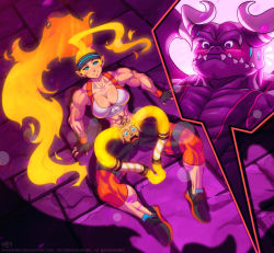 Rule 34 | 1boy, 1girl, abs, blush, breasts, cameltoe, cleavage, dragaux, energy hair, fangs, fingerless gloves, gloves, glowing, glowing hair, gnomo del bosque, headband, looking at another, looking at viewer, monster boy, muscular, muscular female, nintendo, orange hair, pants, pointy ears, presenting, protagonist (ring fit adventure), reclining, ring (ring fit adventure), ring fit adventure, ring fit trainee, ring fit trainee (female), smile, sweatdrop, thick thighs, thighs, yoga pants