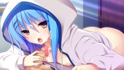 Rule 34 | 1boy, 1girl, after fellatio, ass, blue hair, bottomless, breasts, brown eyes, censored, cum, cum on hair, facial, game cg, hair ornament, hairclip, highres, hood, hood up, hooded jacket, hoshi ori yume mirai, indoors, jacket, koizumi amane, long sleeves, medium hair, mosaic censoring, nipples, official art, open clothes, open jacket, open mouth, ousaka sora, penis, small breasts, sunlight, testicles, white jacket