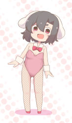 Rule 34 | 1girl, :d, animal ears, bow, bowtie, detached collar, fishnets, floppy ears, full body, hair between eyes, highres, inaba tewi, leotard, looking at viewer, ooyama bokuchi, open mouth, pink leotard, playboy bunny, polka dot, rabbit ears, smile, standing, touhou