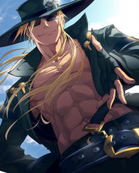 Rule 34 | 1boy, abs, arc system works, belt, blonde hair, blue eyes, blue sky, fingerless gloves, gloves, guilty gear, hand on own hip, hat, highres, johnny (guilty gear), long hair, looking at viewer, male focus, michairu, muscular, open clothes, open shirt, shirt, sky, solo, sunglasses, torso