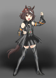 Rule 34 | 1girl, ahoge, animal ears, belt, black background, black footwear, black shirt, black skirt, black sleeves, boots, brown eyes, brown hair, cosplay, detached sleeves, ear ornament, gradient background, henshin pose, highres, horse ears, horse girl, horse tail, kamen rider, kamen rider black (series), kamen rider black sun, kamen rider black sun (character), kingstone, kitasan black (umamusume), looking at viewer, multicolored hair, name connection, open mouth, pleated skirt, rider belt, shirt, skirt, sleeveless, sleeveless shirt, smile, solo, streaked hair, tail, thigh boots, thighhighs, two-tone hair, ueyama michirou, umamusume, white hair