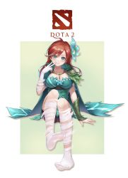 Rule 34 | 1girl, :d, ahoge, border, breasts, cape, cleavage, dota (series), dota 2, dress, flower, full body, gauntlets, green background, green cape, green dress, green eyes, grin, hair flower, hair ornament, highres, invisible chair, jokanhiyou, long hair, looking at viewer, open mouth, orange hair, single gauntlet, sitting, smile, soles, solo, toes, white border, windranger (dota)
