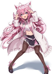 Rule 34 | 1girl, absurdres, ahoge, animal ear fluff, animal ears, arms up, belt, black footwear, black pantyhose, black skirt, blush, coat, fang, hakui koyori, highres, hololive, index finger raised, lab coat, legs apart, long hair, looking at viewer, midriff, miniskirt, navel, necktie, open mouth, pantyhose, pink eyes, pink hair, pink necktie, pleated skirt, ral (ralf), shirt, shoes, simple background, skirt, smile, solo, standing, tail, test tube, virtual youtuber, white background, white coat, white shirt, wolf ears, wolf girl, wolf tail