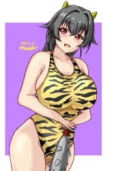 Rule 34 | animal print, black hair, border, breasts, club, club (weapon), competition swimsuit, dated, hair flaps, hair ornament, hairclip, highres, horns, impossible clothes, impossible swimsuit, jingei (kancolle), kanabou, kantai collection, large breasts, long hair, low ponytail, montemasa, one-hour drawing challenge, one-piece swimsuit, oni costume, oni horns, purple background, red eyes, setsubun, spiked club, swimsuit, tiger print, twitter username, weapon, white border