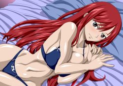 Rule 34 | 1girl, bare shoulders, bed, black eyes, blue bra, blue panties, blush, bra, breast press, breasts, cleavage, embarrassed, erza scarlet, fairy tail, large breasts, legs, lingerie, long hair, looking at viewer, lying, navel, nel-zel formula, on side, panties, pillow, red hair, shiny skin, solo, thighs, underwear