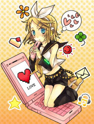 Rule 34 | bad id, bad pixiv id, blonde hair, blue eyes, cellphone, clover, hair ornament, hairpin, heart, kagamine rin, phone, ribbon, solo, soysauce (pixiv47673), star (symbol), vocaloid