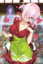 Rule 34 | 1girl, apron, artist name, blush, breasts, collarbone, fate/grand order, fate (series), glasses, hair over one eye, heart, heavy breathing, highres, indoors, japanese clothes, kimono, kneeling, large breasts, light purple hair, mash kyrielight, mash kyrielight (enma-tei uniform), official alternate costume, pale skin, purple eyes, solo, tabi, translation request, unadon, undressing