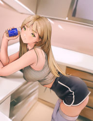 Rule 34 | 1girl, arm rest, ass, black shorts, blonde hair, breasts, cabinet, counter, dolphin shorts, drawer, drink, grayfox, green eyes, grey tank top, high-waist shorts, highres, holding, holding drink, indoors, large breasts, leaning, long hair, looking at viewer, original, photo-referenced, purple thighhighs, short shorts, shorts, sleeveless, smile, tank top, thighhighs, thighs, white thighhighs